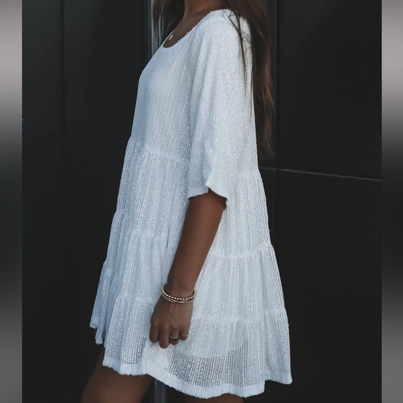 My Queen Sequin Pearl Baby Doll Dress White - Picture 2 of 5